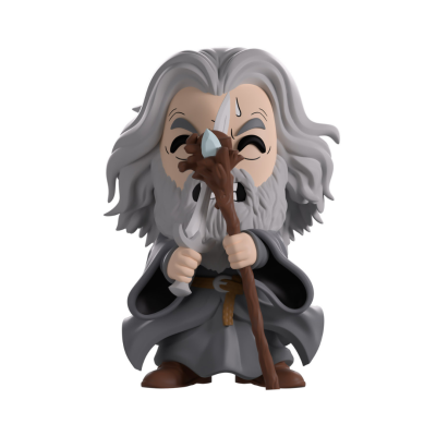 Figura colecionável de mago com túnica cinzenta, cajado e faca