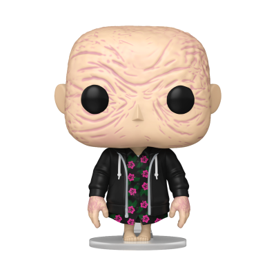 Figura Funko Pop calvo de pele enrugada com roupa floral e casaco preto.