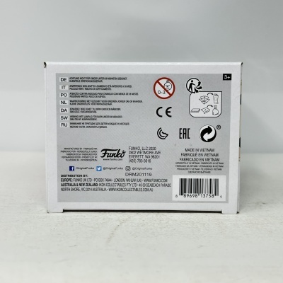 Parte traseira de embalagem branca de produto Funko com texto de segurança e código de barras