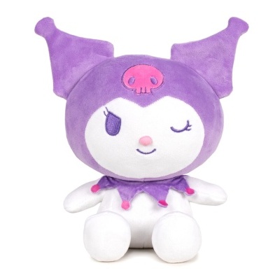 Pelúcia de personagem roxa e branca com orelhas triangulares e detalhe de caveira rosa