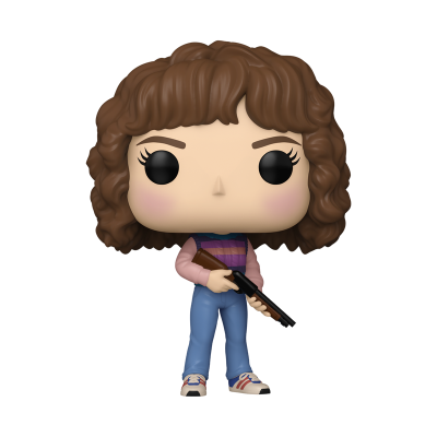 Figura Funko Pop com camisola rosa e colete roxo às riscas e espingarda
