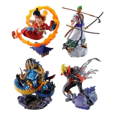 Quatro figuras de ação de personagens variados com armas e efeitos especiais