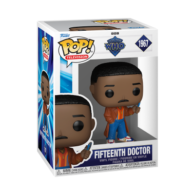 Figura Funko Pop! do Fifteenth Doctor de Doctor Who numa caixa branca e azul