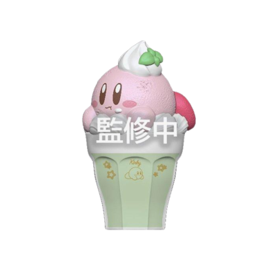 Figura de Kirby rosa tipo gelado em base verde clara com ilustração.