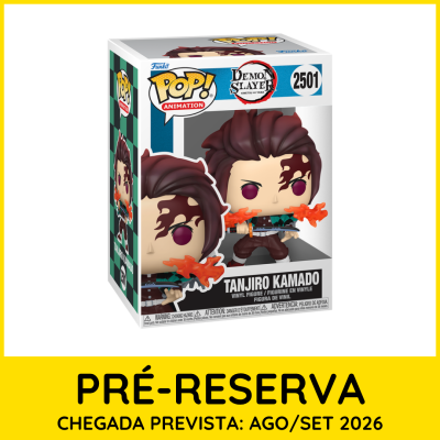 Figura Funko Pop! Tanjiro Kamado de Demon Slayer com espada e chamas na caixa.