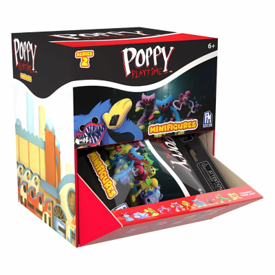 Caixa colorida para miniaturas Poppy Playtime Série 2 com imagens de personagens e idade recomendada 6+
