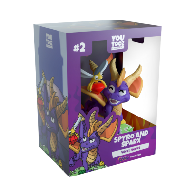 Figura de vinil Spyro and Sparx em embalagem roxa com janela transparente