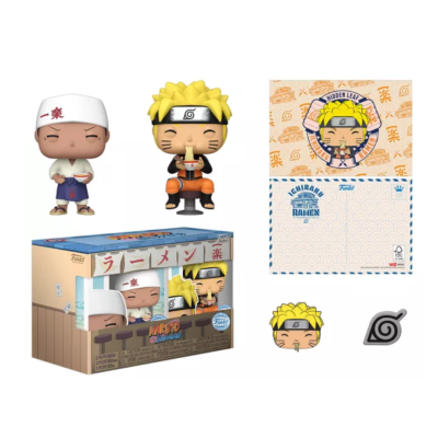 Conjunto Funko Pop Naruto Uzumaki e Ichiraku Ramen com embalagem e acessórios.