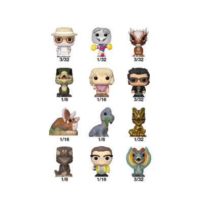 Doze figuras Funko Pop coloridas representando personagens de filmes, dispostas em matriz 4 por 3, fundo branco