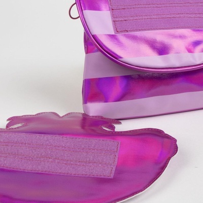 Bolsa e capa rosa e lilás brilhantes com fecho de velcro