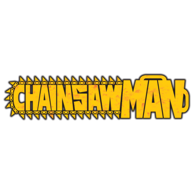 Logotipo amarelo da palavra CHAINSAWMAN com estilo de corrente de motosserra