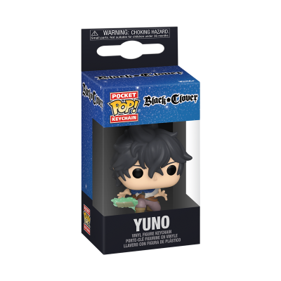 Figura chaveiro de vinil Yuno em caixa azul e preta da série Black Clover