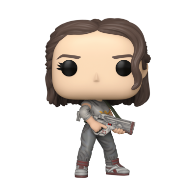 Figura Funko Pop cinza com arma e cabelo castanho