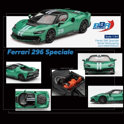 Miniatura de carro Ferrari 296 Speciale verde com faixas brancas e detalhes pretos.