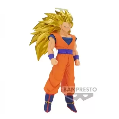 Figura colecionável do Goku Super Saiyajin 3 com cabelo dourado e roupa laranja e azul.
