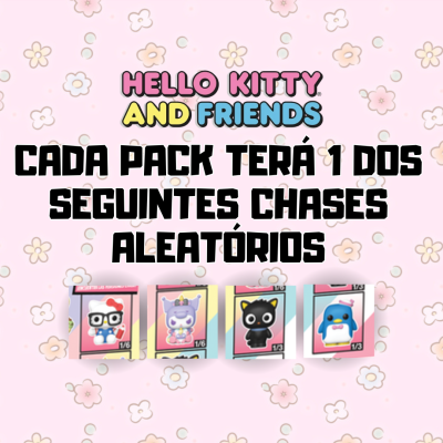 Promoção colecionáveis Hello Kitty and Friends com cinco personagens coloridas e fundo floral rosa