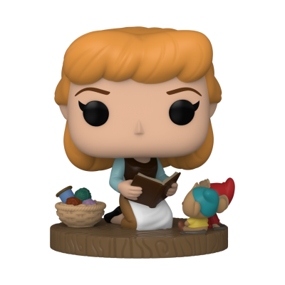 Figura Funko Pop de mulher a ler livro, com cesta de novelos e duas figuras pequenas em base de madeira.
