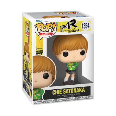 Figura Funko Pop Chie Satonaka com casaco verde e saia xadrez na caixa com inscrição Persona 4 Revival.