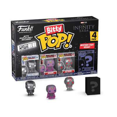 Caixa e figuras Funko Bitty Pop! Marvel Infinity Saga com 4 personagens incluindo Homem de Ferro, Visão, Ultron e uma figura surpresa