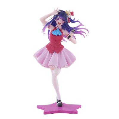 Figura colecionável de personagem anime com vestido vermelho e rosa e microfone