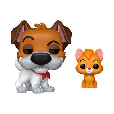 Duas figuras Funko Pop, um cão castanho e branco e um gatinho laranja em fundo branco.