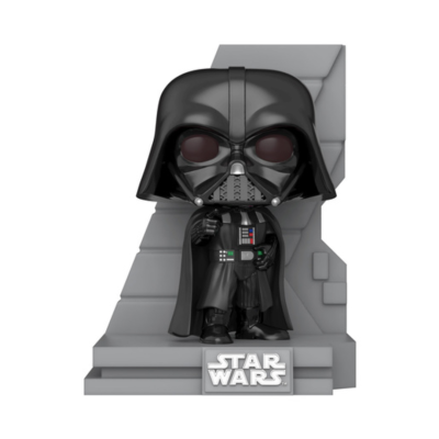 Estatueta Funko Pop Darth Vader preta com base cinzenta e logo Star Wars