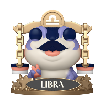 Figura decorativa de sapo com símbolo Libra dourado e base com texto LIBRA