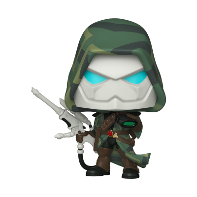 Figura Funko Pop de personagem com máscara branca, capuz verde camuflado e arma branca.
