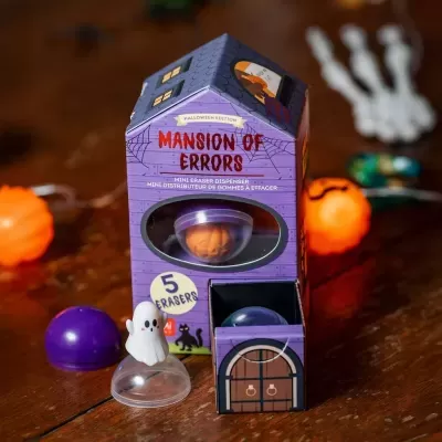 Dispenser de borrachas Halloween em forma de casa roxa com fantasma e abóbora