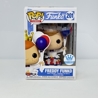 Figura Funko Pop Freddy Funko com coroa e balões na embalagem