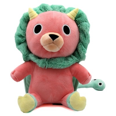 Pelúcia de animal rosa com juba verde e chifres amarelos