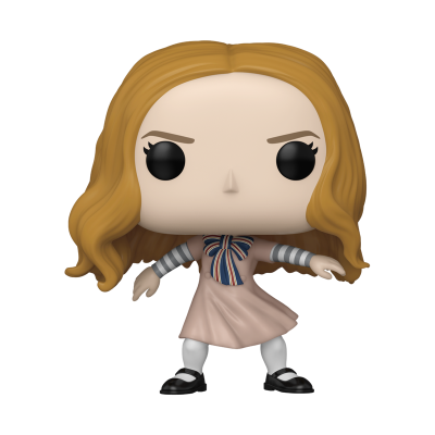 Figura Funko Pop de personagem loira com vestido rosa e laço azul