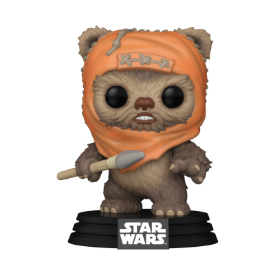 Figura colecionável Ewok Star Wars com capuz laranja e lança
