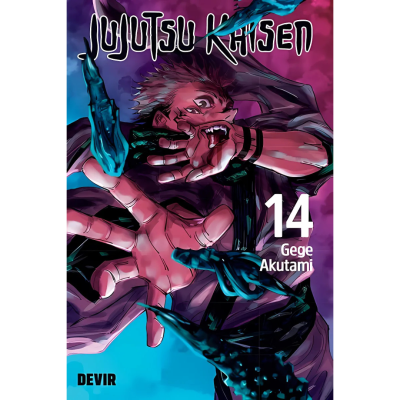 Capa do livro Jujutsu Kaisen volume 14 com personagem em pose dinâmica e texto branco