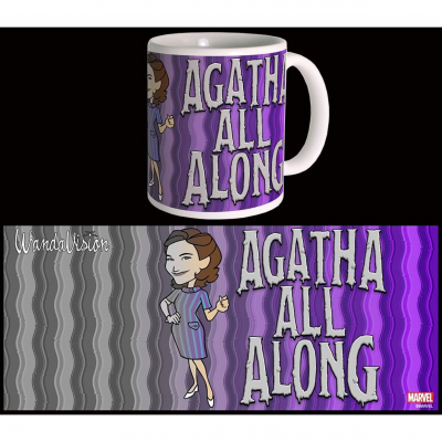 Caneca com design gráfico roxo e cinzento com texto 'AGATHA ALL ALONG' e personagem desenhada