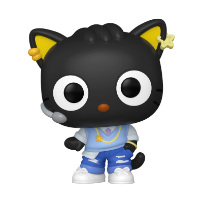 Figura Funko Pop de gato preto com roupa casual azul e acessórios amarelos e cinzentos