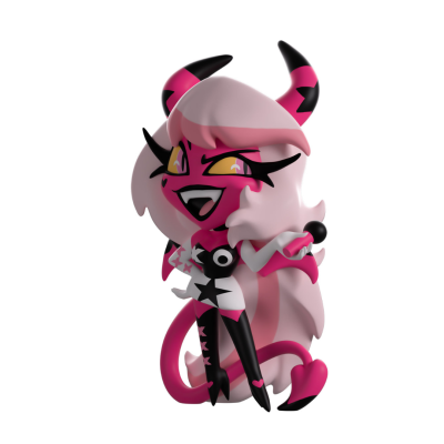 Figura colecionável de personagem feminina diabólica em rosa e preto com vestido branco e estrelas.