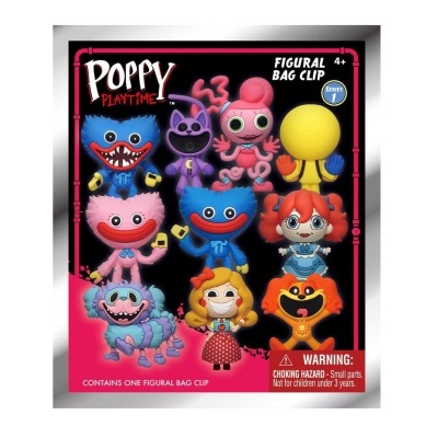Embalagem de brinquedos POPPY PLAYTIME com clips figurais coloridos, personagens azuis, rosa, roxo, amarelo, laranja e vermelho, aviso de segurança para crianças acima de 4 anos.