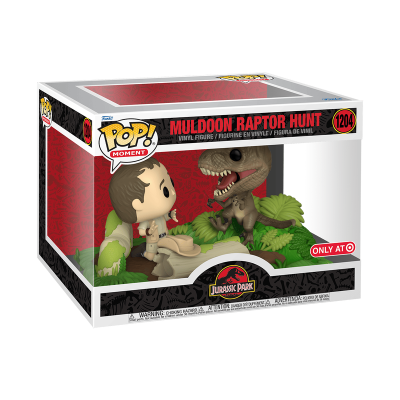 Figuras de vinil Pop! Moment MULDOON RAPTOR HUNT 1204 em caixa com personagens do Jurassic Park