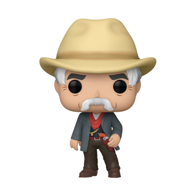 Figura Funko Pop de personagem com chapéu bege, casaco cinza e lenço vermelho