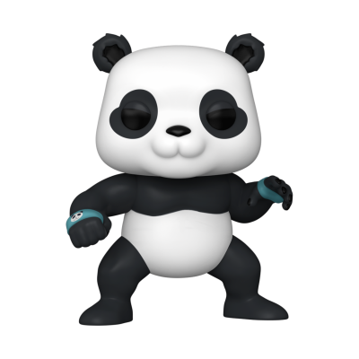 Figura colecionável panda preto e branco com pulseiras azuis