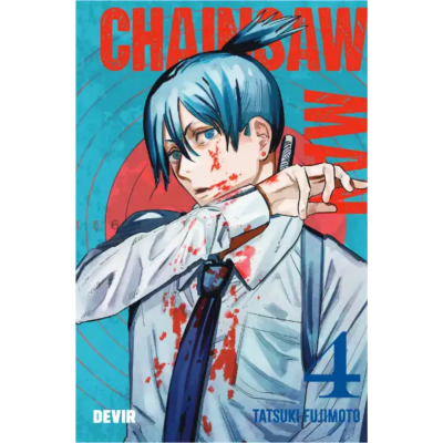 Capa de banda desenhada Chainsaw Man com personagem de cabelo azul e sangue