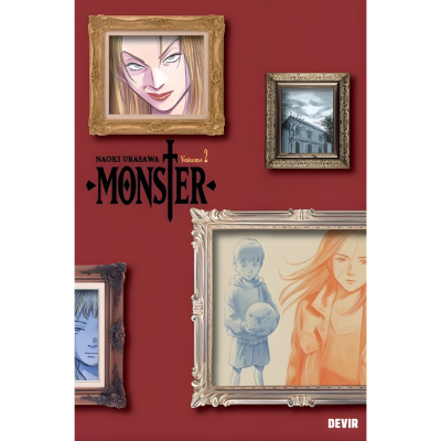 Capa do livro Monster Volume 2 com várias molduras contendo desenhos de manga e uma foto a preto e branco