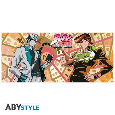Ilustração de dois personagens de JoJo's Bizarre Adventure com fundo de mapas abstratos e logotipo ABYSTYLE.