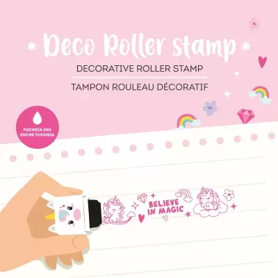 Carimbo decorativo rolo unicórnio tinta fúcsia