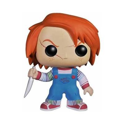 Figura Funko Pop do Chucky com cabelo laranja e macacão azul.