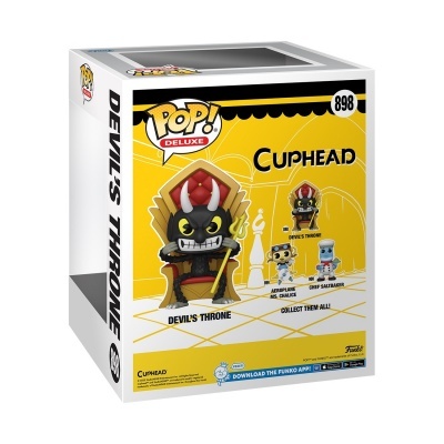 Embalagem Pop! Deluxe Cuphead Devil's Throne com figura de personagem sentado no trono
