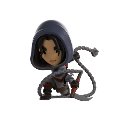 Figurine colecionável com capuz azul e corrente cinza