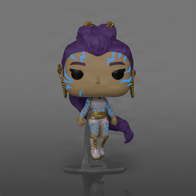 Figura Funko Pop com cabelo roxo e tatuagens azuis