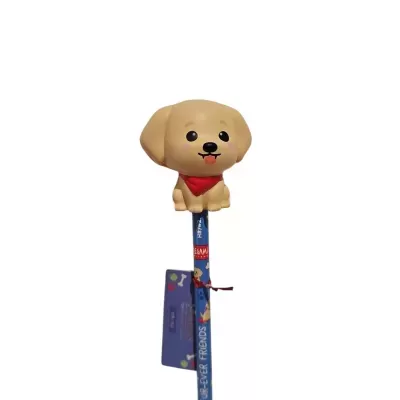 Lápis azul com cabeça de cão bege e bandana vermelha no topo